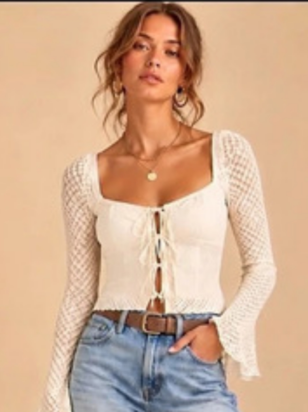Altar'd State Medium White Lace Corset Tie Front Long Sleeve Top NWOT